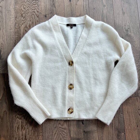 Quince Sweaters - Quince Baby Alpaca Wool Cropped Ribbed Cardigan Ivory Cream Size XS Button Front